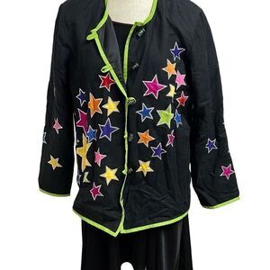 Indigo Moon Button Front Lightweight Jacket  Appliqué Stars Size Large